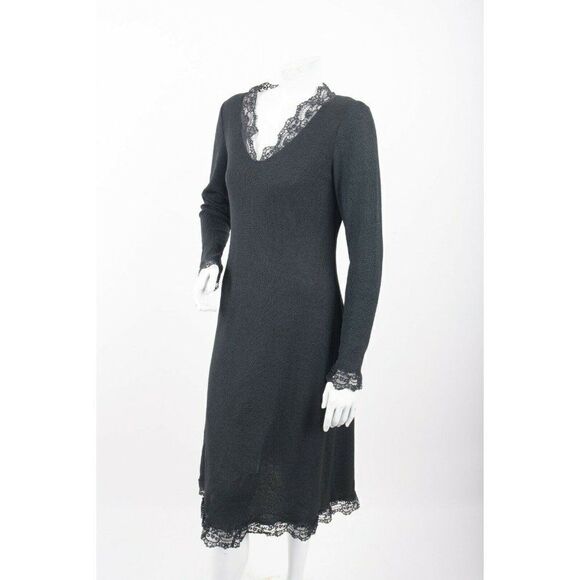 Vintage 70s Pat Richards Hostess Formal Knit Dress Black Knit Lace Trim Sz M - Picture 2 of 6